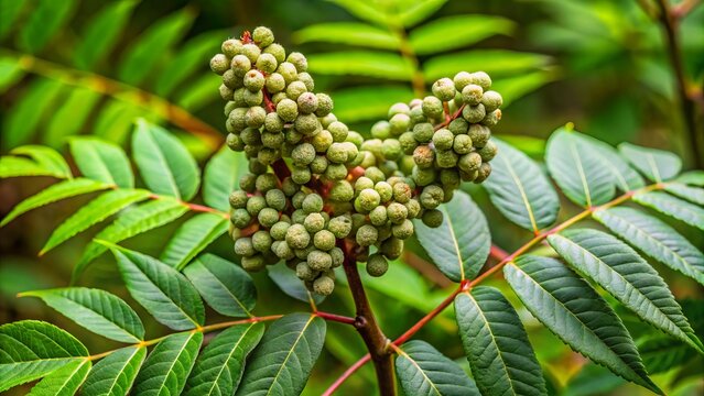 A close-up of the poison sumac plant's green leaflets with greyish-black spots, growing on a stems with small