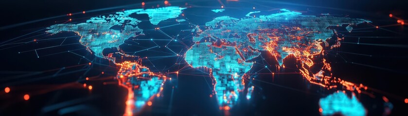 Global economy represented as a glowing 3D world map, with data points lighting up major cities