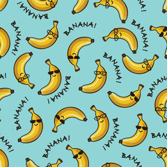 Seamless pattern of cool bananas with glasses on blue background and words "BANANA!". Graphic texture for package, wallpaper,  wrapping paper, label, fabric, print, advertising.