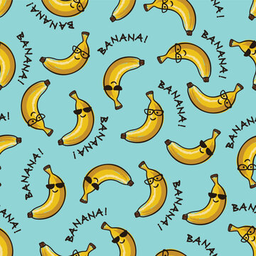 Seamless pattern of cool bananas with glasses on blue background and words "BANANA!". Graphic texture for package, wallpaper,  wrapping paper, label, fabric, print, advertising.