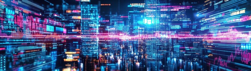 Fototapeta premium Stock market tickers displayed on massive urban billboards, showing data flow through a futuristic metropolis