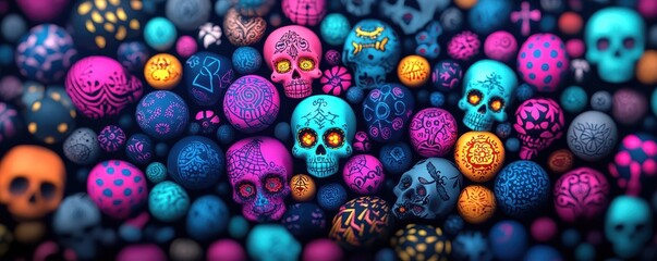 Fototapeta premium An artistic fusion of preHispanic traditions and modern Day of the Dead celebrations, with glowing skulls, vibrant colors, and ancient Mexican symbols