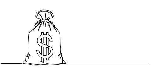 Continuous one line drawing of money bag. One line drawing illustration of money bag. Business icon. Money saving concept continuous line art. Editable outline, Bag with coins one line continuous