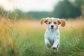 A puppy running through a field of tall grass, its ears flopping in the wind, Realism, Bright and energetic, Natural light