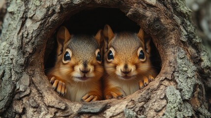 Two Cute Squirrels Peeking from Tree Hole