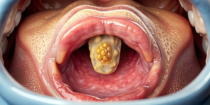 A close-up view of a human tonsil with a white, calcified deposit, also known as a tonsillolith, stuck