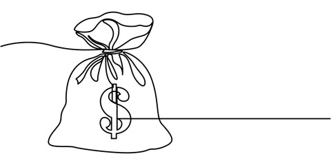 Continuous one line drawing of money bag. One line drawing illustration of money bag. Business icon. Money saving concept continuous line art. Editable outline, Bag with coins one line continuous