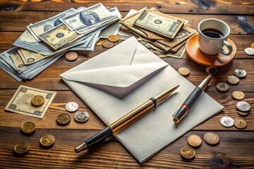 A cluttered desk with pens, papers, and envelopes scattered around, surrounded by bills and coins, highlighting the