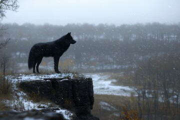 Black Wolf Standing on a Cliff in a Snowstorm