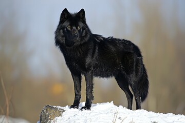 Naklejka premium A Black Wolf Standing on a Rocky Outcropping in the Snow
