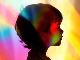 Silhouette of a Child with Colorful Light Reflections Creating a Dreamlike and Artistic Effect