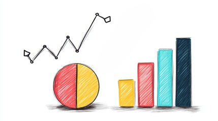 A colorful sketch illustrating data trends with charts, graphs, and a pie chart representing growth in business metrics.