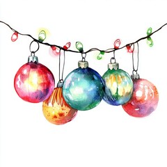Christmas ornaments and lights, watercolor art, colorful festive combination, hand-painted effect, isolated on white background