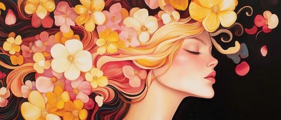 Elegant Woman with Floral Hair: Vibrant Digital Art of a Woman's Profile with Blossoming Flowers in Her Hair