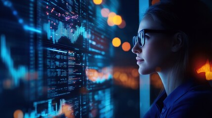 A focused professional analyzing data trends on a digital screen, embodying expertise in technology and finance.