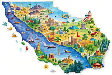 Fototapeta premium A colorful, detailed illustration of California's geographic boundaries, featuring 58 distinct counties, major cities,