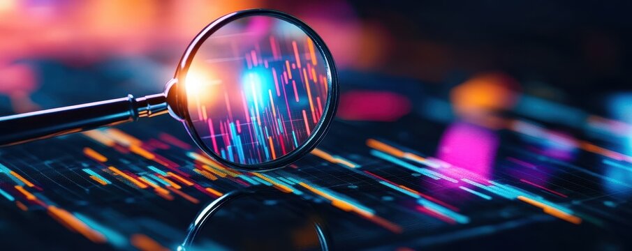 A magnifying glass highlighted over vibrant digital data, representing analysis, technology, and insight into data trends.