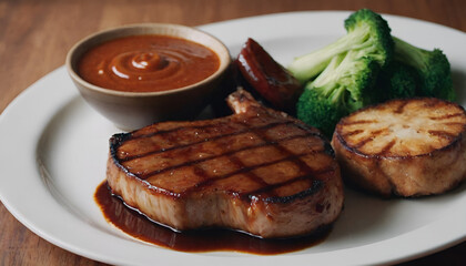 bbq grilled pork chops with barbeque sauce on a plate