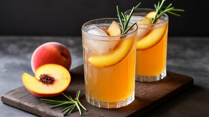 Fototapeta premium Refreshing summer cocktails with a twist of peach and a sprig of rosemary