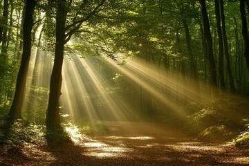 Obraz premium Sunbeams Illuminating a Forest Path