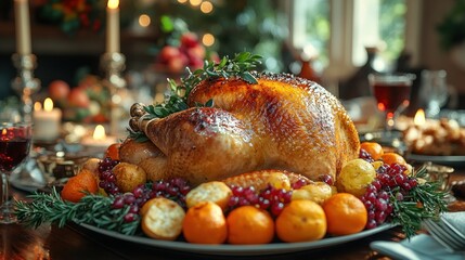 A beautifully roasted turkey surrounded by fruits and greenery.