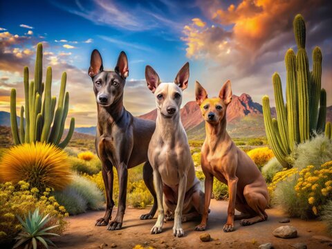A colorful image featuring a trio of ancient Mexican dog breeds, including a Xoloitzcuintli, a Tecuani, and a
