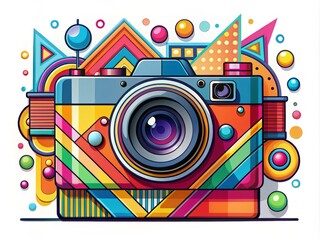 Obraz premium A colorful, illustrative camera with bold lines and geometric shapes, surrounded by abstract design elements, on a