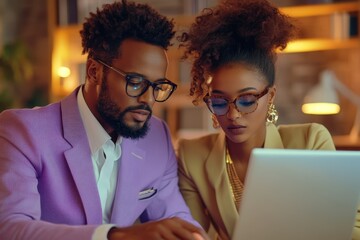 Modern Financial Advisor in Lavender Suit Explaining Investment Portfolio to Gen Z Client in Minimalist Office Setting
