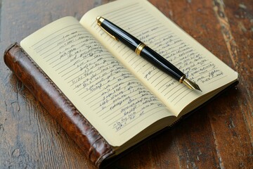 Open Leather-Bound Notebook with Gold-Trimmed Fountain Pen