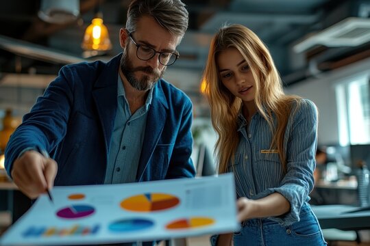 Financial Advisor in Azure Blue Coat Discussing Budget Management with Gen Z Client - Profile View with Pointing at Pie Chart