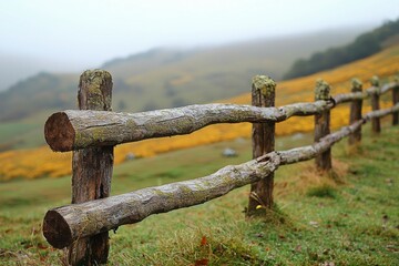 Close-up of a weathered wooden fence in a misty meadow