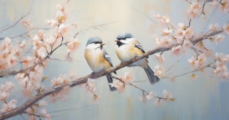 Fototapeta premium Two small birds perched on a branch adorned with delicate pink blossoms, conveying a serene and peaceful atmosphere.
