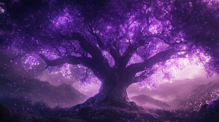 Purple fantasy tree with vibrant glowing branches, set in a surreal world, evoking a sense of magic and enchantment