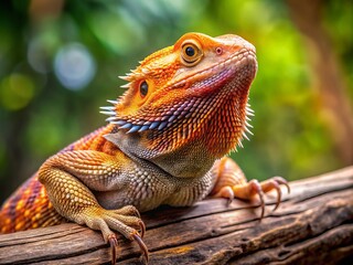 Fototapeta premium A colorful, scaly bearded dragon lizard perches on a branch, its claws grasping tightly, with a curious expression