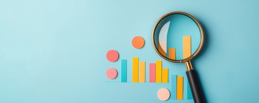 Colorful graphs and magnifying glass on a blue background, symbolizing analysis and data investigation.