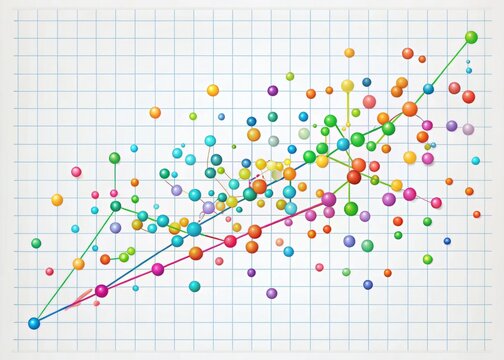 A colorful scatter diagram illustrating the correlation between various data points, plotted on a white background with