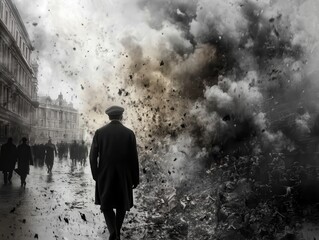 Fototapeta premium Man Walking Away from Explosion in City Street with Smoke and Debris in the Background