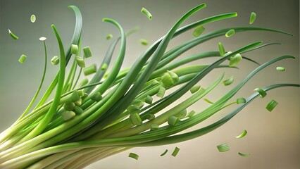 Fresh green onions floating in the air with chopped pieces in a dynamic food composition