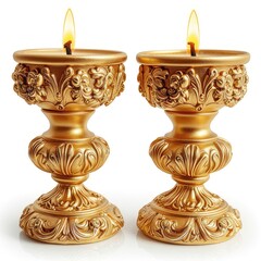 Two ornate golden candle holders with lit candles isolated on white background, adding elegance to any setting.