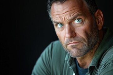 Obraz premium Shocked Middle-Aged Man in Sage Green Shirt Close-Up Portrait