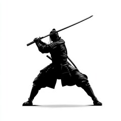 Samurai silhouette with katana, graphic illustration, bold black and red colors, isolated on white background