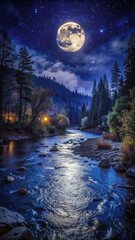 Naklejka premium moon over the riverwinter, landscape, nature, river, snow, forest, water, sky, mountain, tree, cold, stream, sunset, trees, sun, lake, ice, mountains, season, creek, view, frost, frozen, spring, cloud