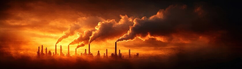 Majestic sunset illuminates industrial smokestacks, creating a dramatic contrast between nature and man-made structures.