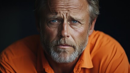 Obraz premium Confused Middle-Aged Man with Pursed Lips in Tangerine Orange Shirt