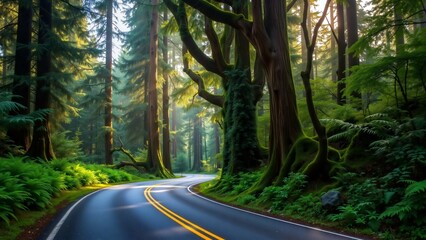 Obraz premium Serene Forest Path Winding Through Verdant Trees, A tranquil forest path winds through lush greenery bathed in warm sunlight. Towering trees and ferns create a serene atmosphere.