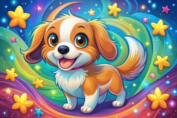 A colorful, whimsical illustration of a happy-go-lucky cartoon dog with floppy ears, wagging tail, and big brown eyes,