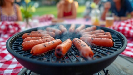 Backyard BBQ Fun, Friends and family gathered around a grill enjoying a summer barbecue. Hot dogs sizzle on the grill while people socialize and relax in a casual outdoor setting.