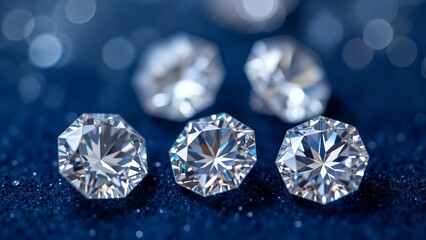 Sparkling Diamond Array on Blue Glitter, Close-up shot of various sized diamonds arranged symmetrically on a shimmering blue glittery surface. Ideal for jewelry, luxury, advertising.