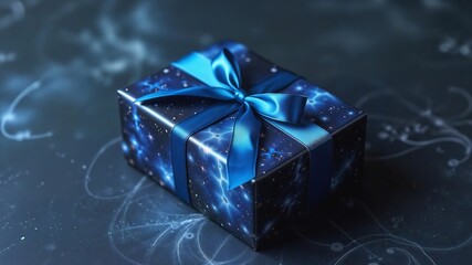 Festive Blue Gift Box with Starry Design , A beautifully presented blue gift box adorned with a starry pattern sits on a dark blue backdrop. A matching blue ribbon adds an elegant touch.