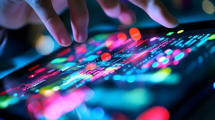A Fingertip Navigating a Digital Interface with Colorful Lights